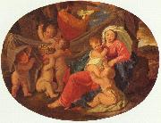 Nicolas Poussin Heilige Familie mit Engeln, Oval oil painting on canvas